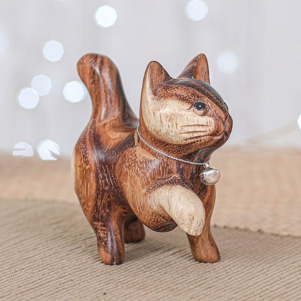 Alternate image for Hand-Carved Raintree Wood Happy Cat Figurine with Bell Melodic Steps