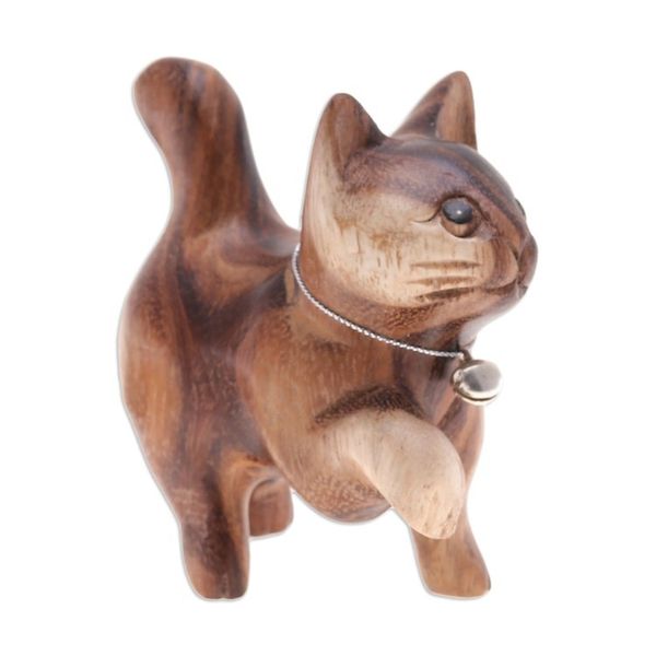 Alternate image for Hand-Carved Raintree Wood Happy Cat Figurine with Bell Melodic Steps