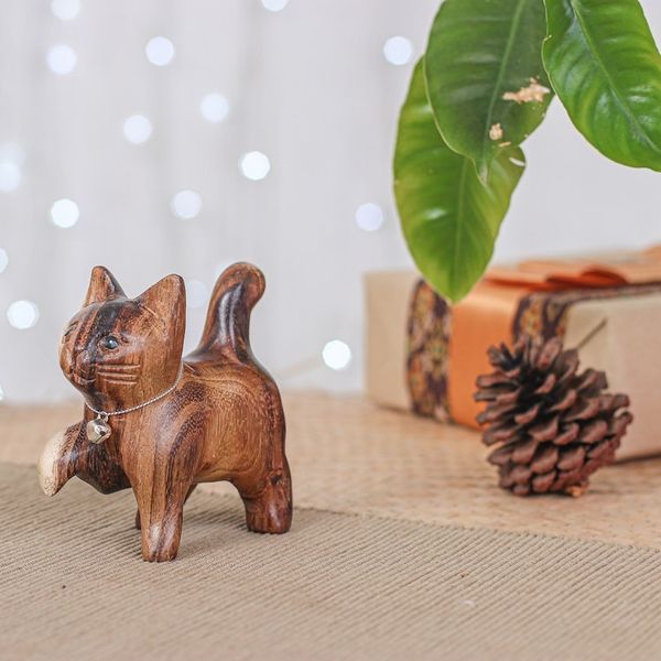 Alternate image for Hand-Carved Raintree Wood Happy Cat Figurine with Bell Melodic Steps