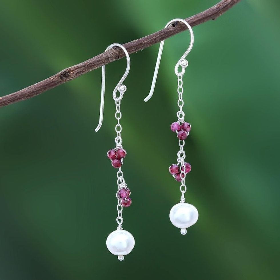 Long Sterling Silver Garnet and Pearl Earrings 'Sweet Essence'