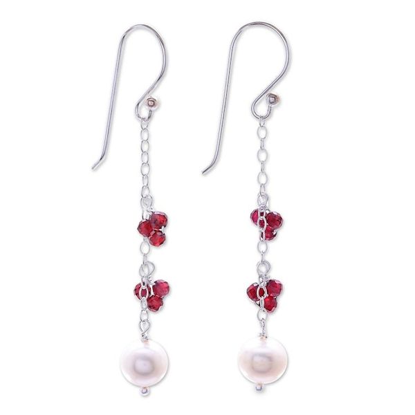 Alternate image for Long Sterling Silver Garnet and Pearl Earrings Sweet Essence