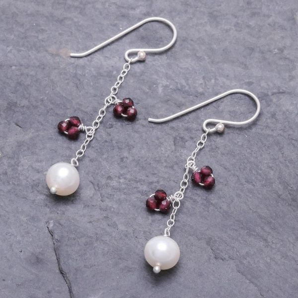 Alternate image for Long Sterling Silver Garnet and Pearl Earrings Sweet Essence
