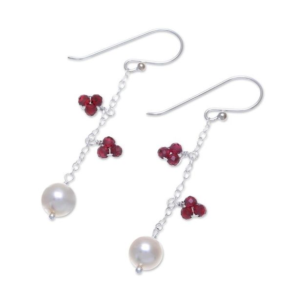 Alternate image for Long Sterling Silver Garnet and Pearl Earrings Sweet Essence