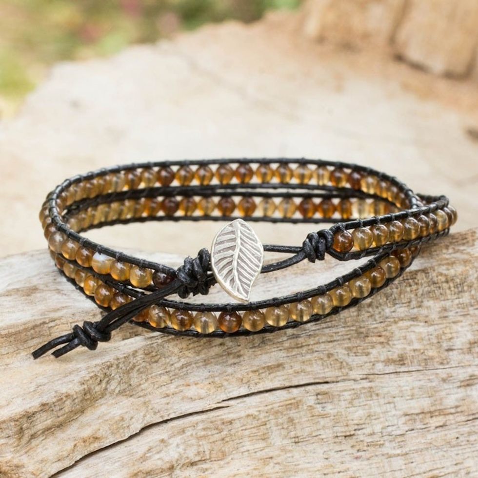 Handcrafted Thai Black Leather Bracelet with Golden Agate 'Hill Tribe Sun'
