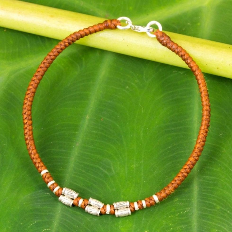Sterling Silver Accent Wristband Bracelet from Thailand 'Bamboo Bracelet in Rust'