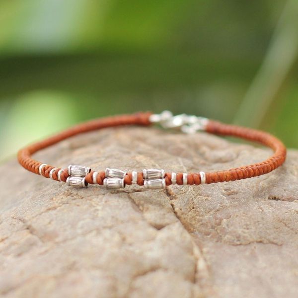 Alternate image for Sterling Silver Accent Wristband Bracelet from Thailand Bamboo Bracelet in Rust