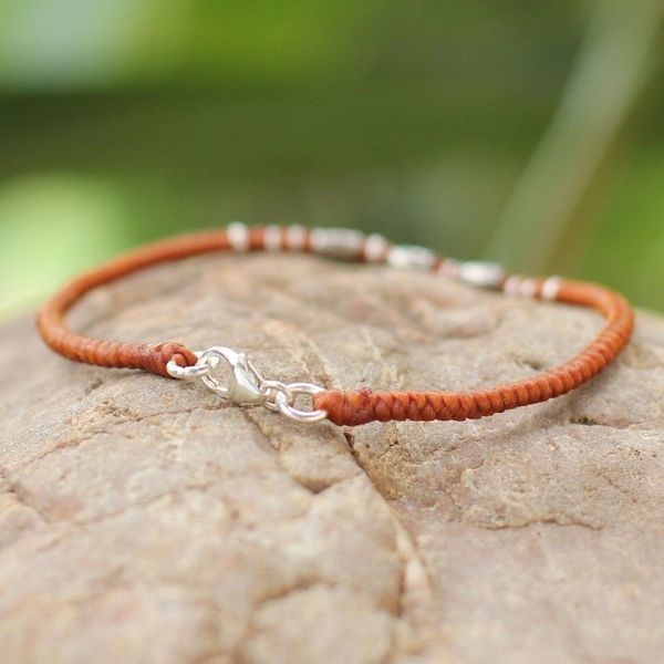 Alternate image for Sterling Silver Accent Wristband Bracelet from Thailand Bamboo Bracelet in Rust