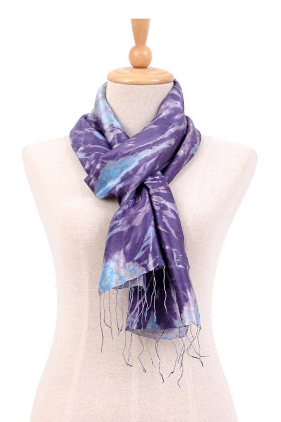 Tie-Dyed Blue-Violet and Turquoise Silk Scarf with Fringes 'Blue-Violet Breeze'