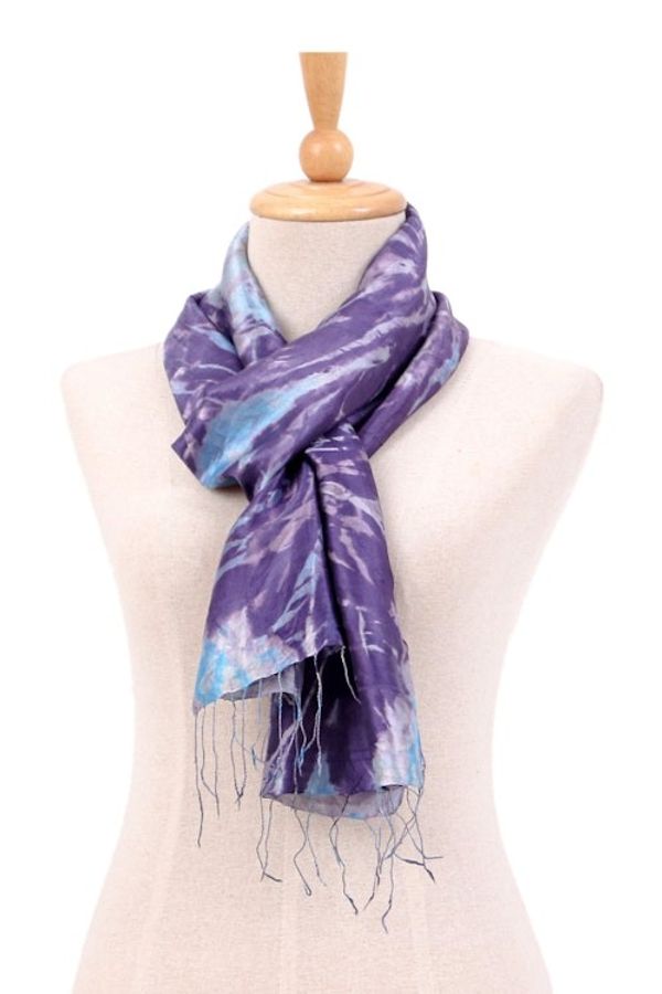 Alternate image for Tie-Dyed Blue-Violet and Turquoise Silk Scarf with Fringes Blue-Violet Breeze