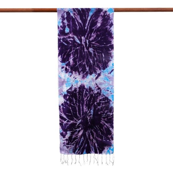Alternate image for Tie-Dyed Blue-Violet and Turquoise Silk Scarf with Fringes Blue-Violet Breeze