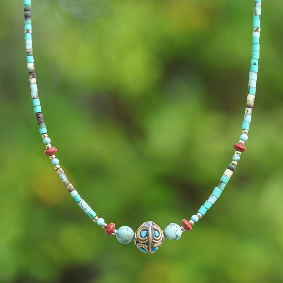 Blue and Green Multi-Gemstone Beaded Brass Pendant Necklace 'Global Blue'