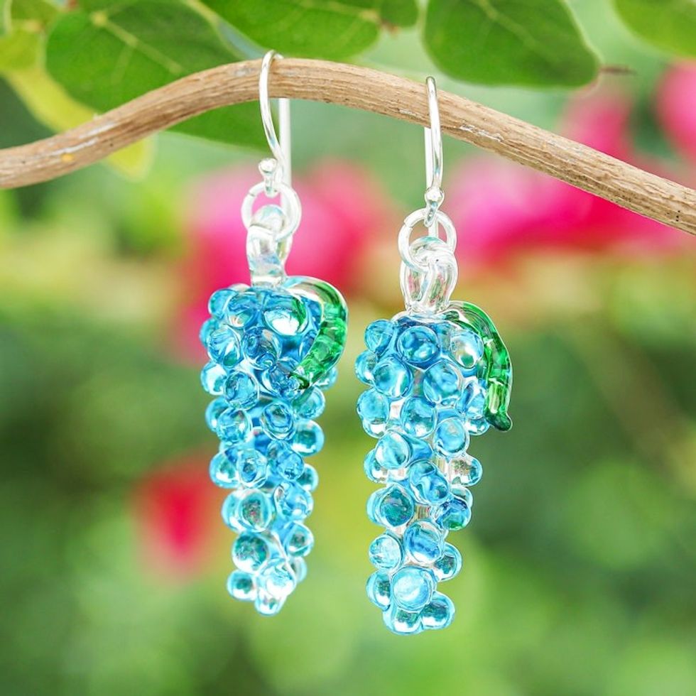 Blue Green Grape-Inspired Handblown Glass Dangle Earrings 'Azure Grapes'