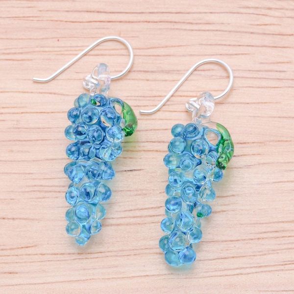 Alternate image for Blue Green Grape-Inspired Handblown Glass Dangle Earrings Azure Grapes