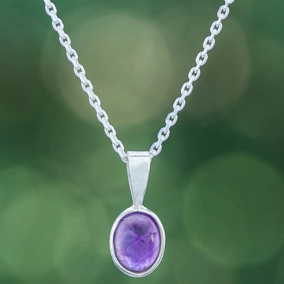 High-Polished Natural Oval Amethyst Pendant Necklace 'Wise Aura'