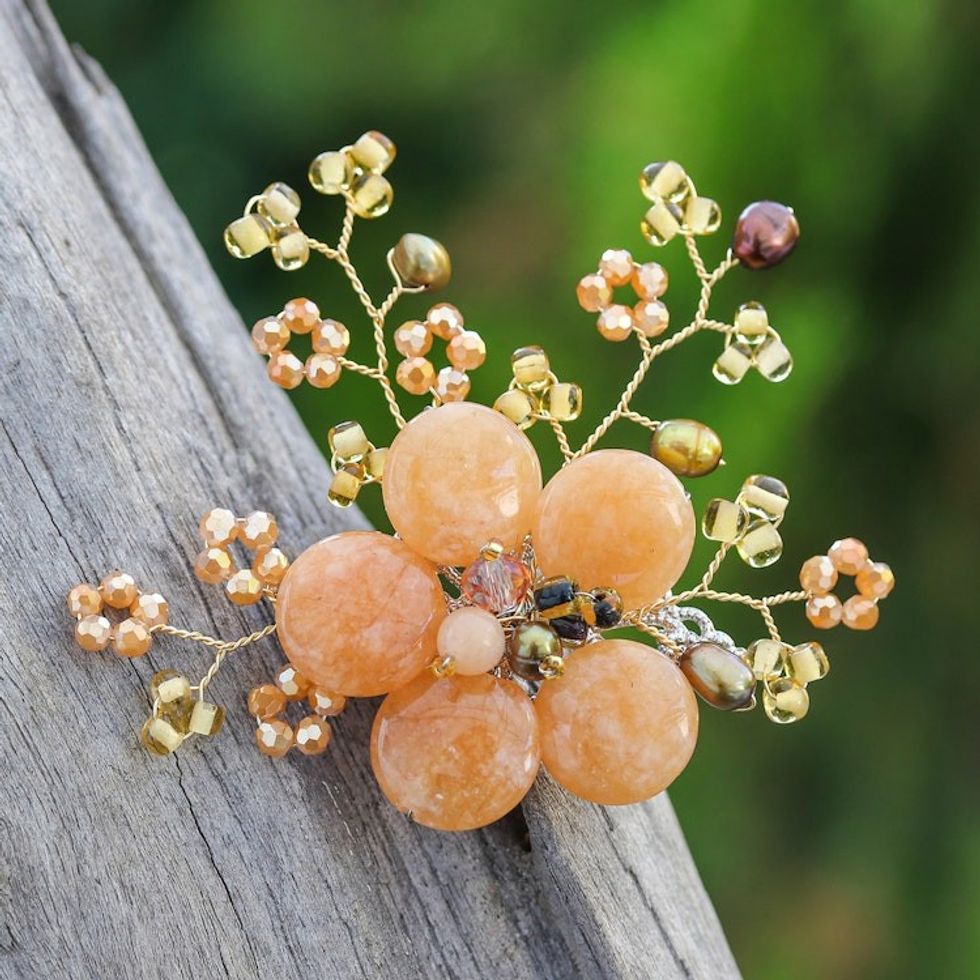 Flower-Shaped Orange Cultured Pearl and Quartz Brooch Pin 'Petals of Optimism'