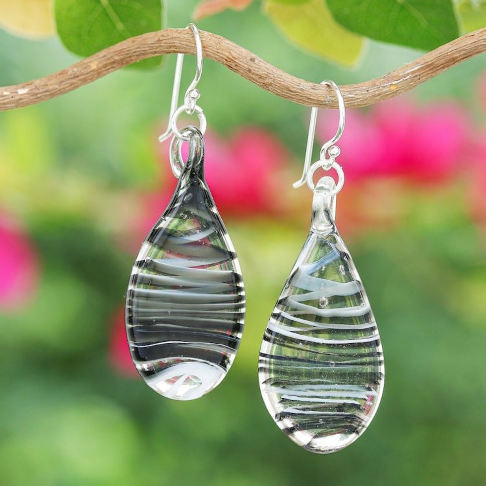 Handblown Glass Dangle Earrings with Black Spirals 'Black Ovate Leaf'