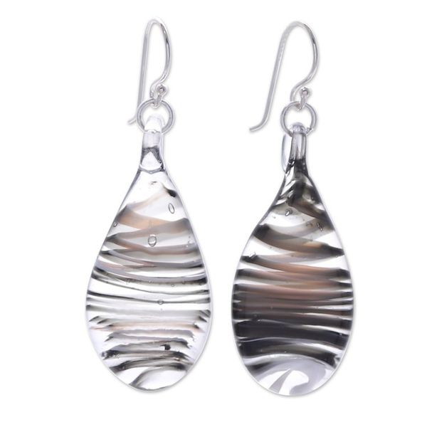 Alternate image for Handblown Glass Dangle Earrings with Black Spirals Black Ovate Leaf