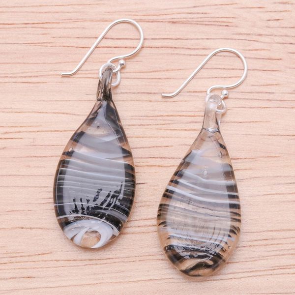 Alternate image for Handblown Glass Dangle Earrings with Black Spirals Black Ovate Leaf