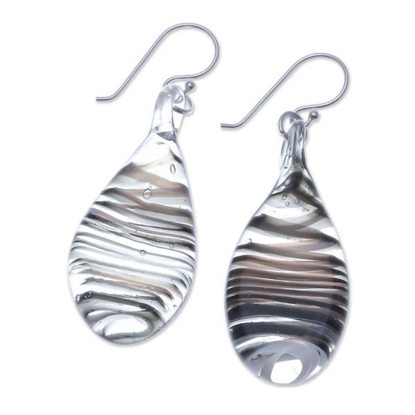 Alternate image for Handblown Glass Dangle Earrings with Black Spirals Black Ovate Leaf