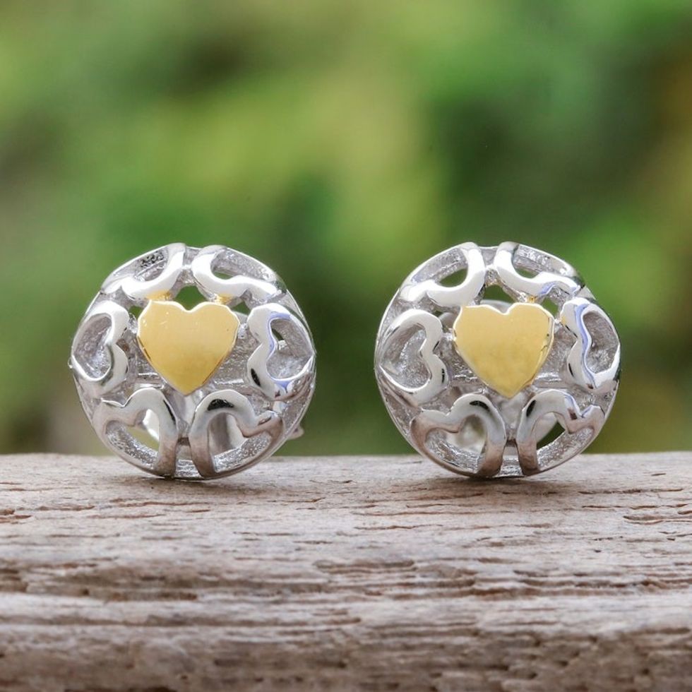 Heart-Themed 14k Gold-Accented Sterling Silver Stud Earrings 'My Golden Love'