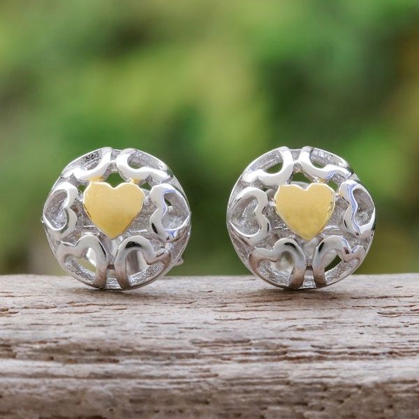 Alternate image for Heart-Themed 14k Gold-Accented Sterling Silver Stud Earrings My Golden Love