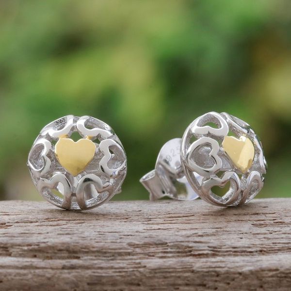 Alternate image for Heart-Themed 14k Gold-Accented Sterling Silver Stud Earrings My Golden Love
