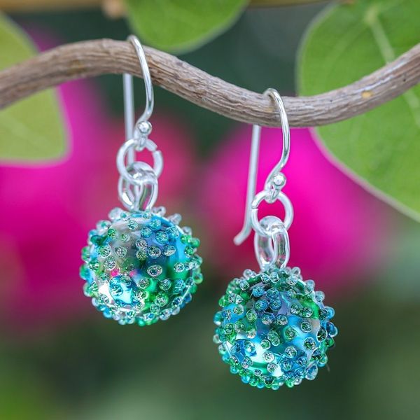 Alternate image for Handblown Glass Spike Ball Dangle Earrings in Green and Blue Green Blue Berries