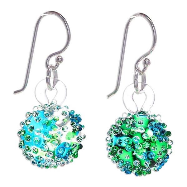 Alternate image for Handblown Glass Spike Ball Dangle Earrings in Green and Blue Green Blue Berries