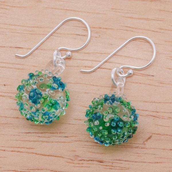 Alternate image for Handblown Glass Spike Ball Dangle Earrings in Green and Blue Green Blue Berries