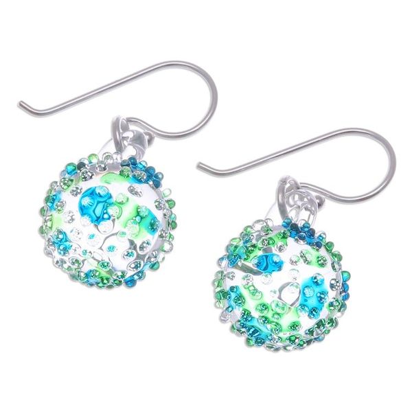 Alternate image for Handblown Glass Spike Ball Dangle Earrings in Green and Blue Green Blue Berries