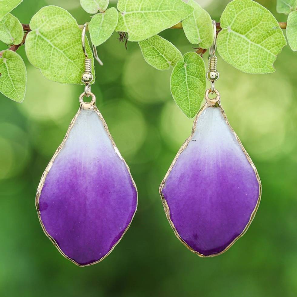White and Purple Orchid 22k Gold-Accented Dangle Earrings 'Magical Petal'