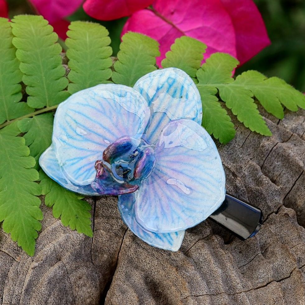 Floral Resin-Coated Blue Orchid Stainless Steel Hair Clip 'Winter Fantasy'