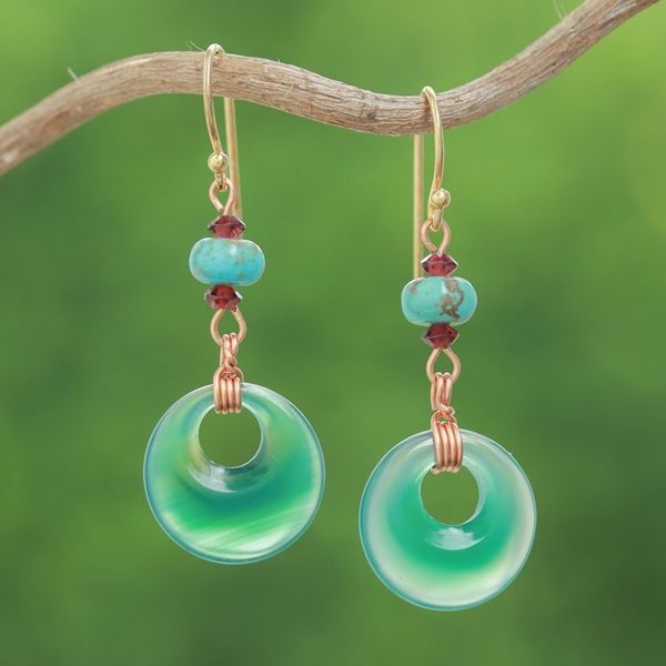 Alternate image for Tropical Glam-Themed Green Onyx and Garnet Dangle Earrings Island Loops