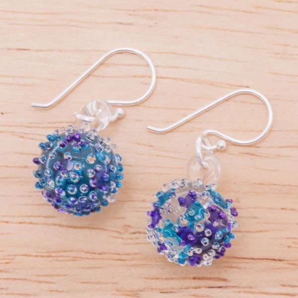 Alternate image for Handblown Glass Spike Ball Dangle Earrings in Purple Blue Purple Blue Berries