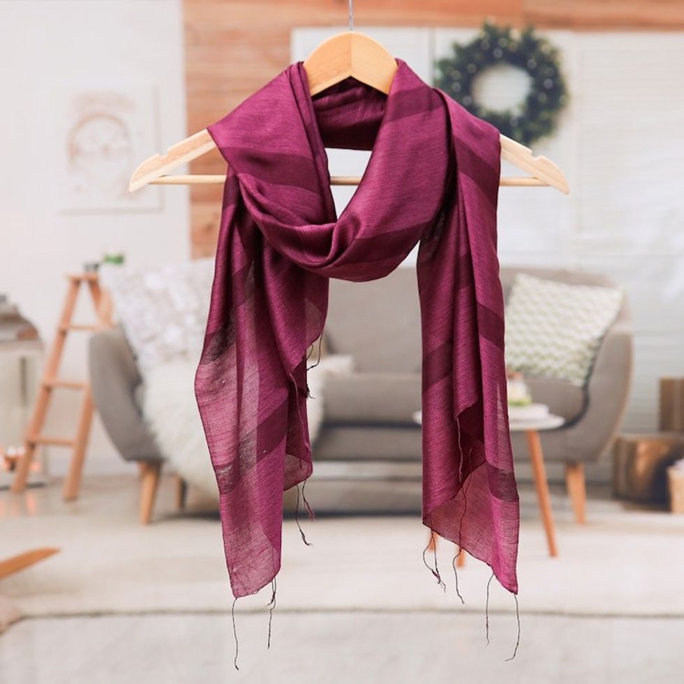 Striped Bordeaux Cotton and Silk Blend Scarf with Fringes 'Bordeaux Touch'