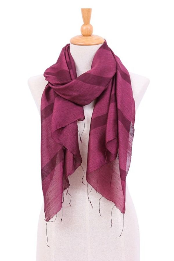 Alternate image for Striped Bordeaux Cotton and Silk Blend Scarf with Fringes Bordeaux Touch