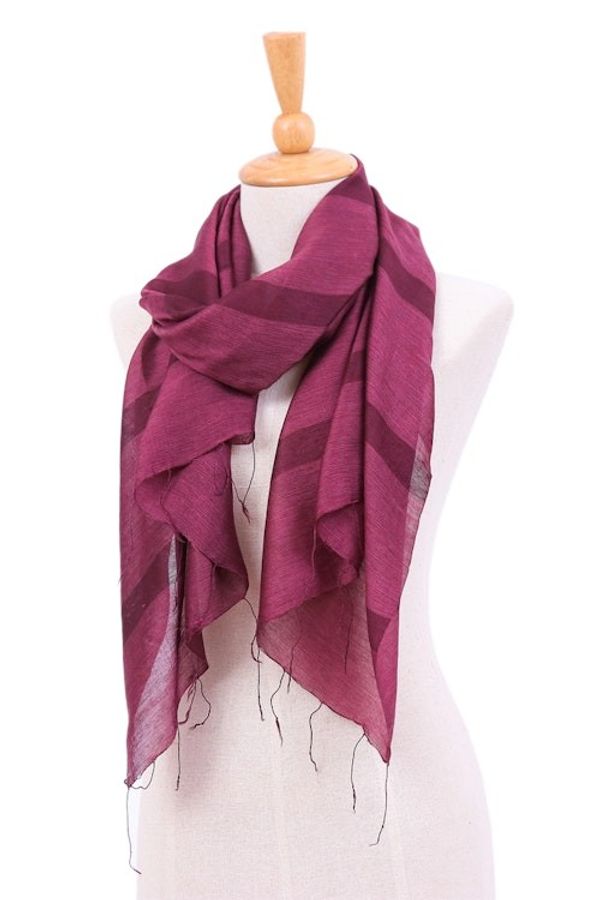 Alternate image for Striped Bordeaux Cotton and Silk Blend Scarf with Fringes Bordeaux Touch