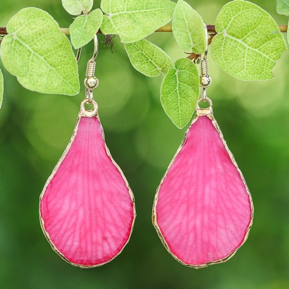 Fuchsia Spring-Themed Gold-Accented Petal Dangle Earrings 'Flawless Petal'