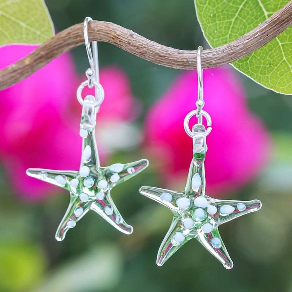 Green White Handblown Glass Starfish Dangle Earrings 'Green Starfish'
