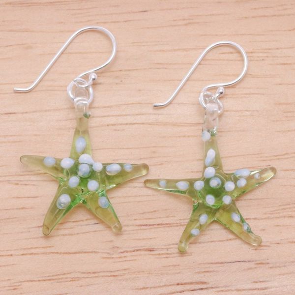 Alternate image for Green White Handblown Glass Starfish Dangle Earrings Green Starfish