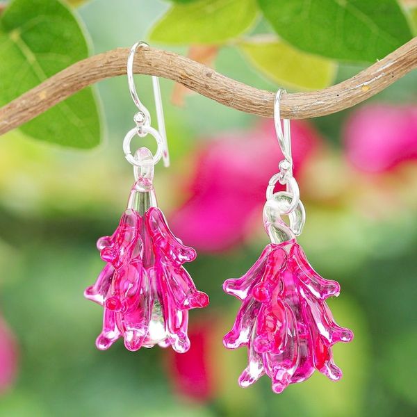 Alternate image for Tree-Inspired Handblown Glass Dangle Earrings in Fuchsia Fuchsia Tree