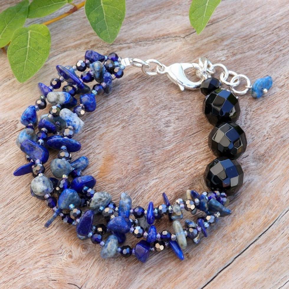 Blue-Toned Lapis Lazuli and Glass Beaded Strand Bracelet 'True Jewels'