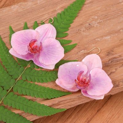 Alternate image for Thai-Made Spring-Themed Pink Orchid Resin Dangle Earrings Primaveral Fantasy