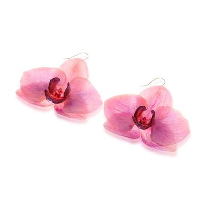 Alternate image for Thai-Made Spring-Themed Pink Orchid Resin Dangle Earrings Primaveral Fantasy