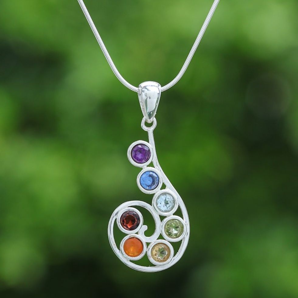 Chakra-Themed Spiral Multi-Gemstone Pendant Necklace 'Seven Centers'