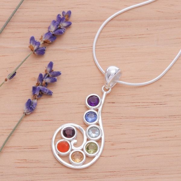 Alternate image for Chakra-Themed Spiral Multi-Gemstone Pendant Necklace Seven Centers