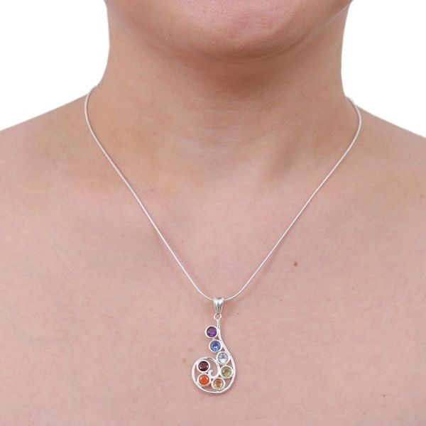 Alternate image for Chakra-Themed Spiral Multi-Gemstone Pendant Necklace Seven Centers