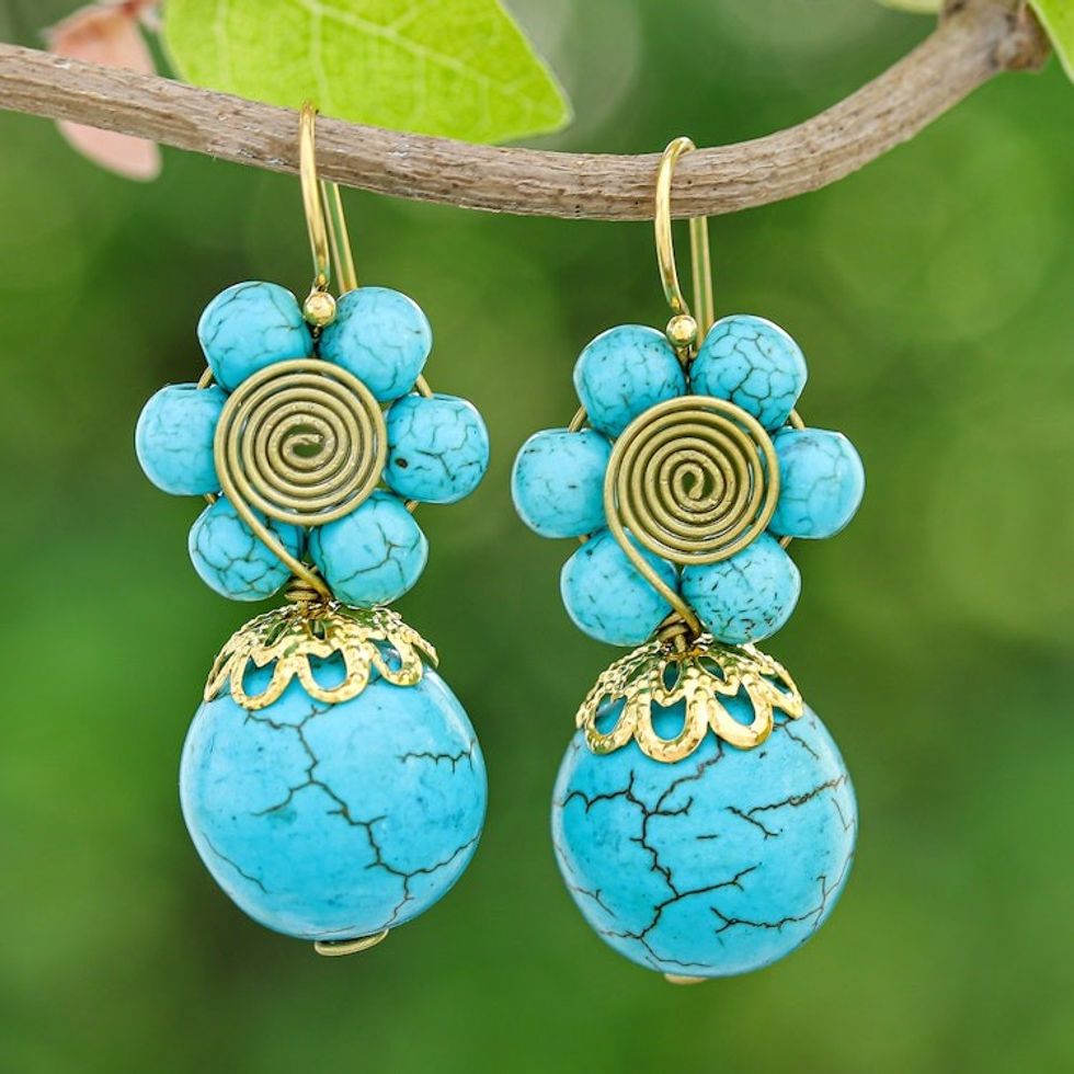 Magnesite Beaded Floral Dangle Earrings with Brass Spirals 'Cyan Bloom'