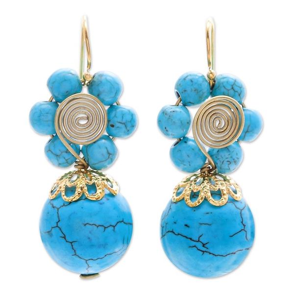 Alternate image for Magnesite Beaded Floral Dangle Earrings with Brass Spirals Cyan Bloom
