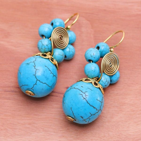 Alternate image for Magnesite Beaded Floral Dangle Earrings with Brass Spirals Cyan Bloom